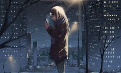 Rule 34 | 1girl, absurdres, arttsam, bare tree, black eyes, black hair, black pantyhose, black skirt, brown coat, cellphone, city, cityscape, closed mouth, coat, cold, commentary, cowboy shot, english commentary, highres, holding, holding phone, lamppost, long hair, long sleeves, miniskirt, night, original, outdoors, pantyhose, phone, purple scarf, scarf, sidelighting, skirt, smartphone, snowing, solo, straight hair, tree