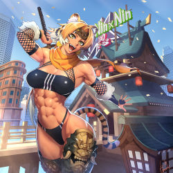 Rule 34 | 1girl, abs, animal ear fluff, animal ears, architecture, bare shoulders, breasts, building, dark-skinned female, dark skin, east asian architecture, fishnets, headband, highres, katana, kunoichi, large breasts, long hair, looking at viewer, muscular, muscular female, navel, ninja, ogami, orange scarf, original, revealing clothes, scarf, smile, solo, sword, tail, thighhighs, tiger ears, tiger tail, weapon