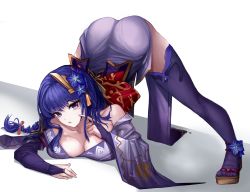 Rule 34 | 1girl, absurdres, armor, ass, braid, breasts, bridal gauntlets, cleavage, closed mouth, coattails, collarbone, commentary, english commentary, flexible, flower, full body, genshin impact, geta, hair ornament, hands on ground, highres, jack-o&#039; challenge, japanese clothes, kimono, large breasts, long hair, long sleeves, looking at viewer, meme, mitsudomoe (shape), mole, mole under eye, purple eyes, purple flower, purple hair, purple thighhighs, raiden shogun, shoulder armor, slow 2pin, solo, spread legs, tassel, thighhighs, tomoe (symbol), top-down bottom-up, white background, wide sleeves, wide spread legs