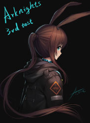 Rule 34 | 1girl, amiya (arknights), animal ears, aqua eyes, arknights, athrun1120, black background, black coat, blush, closed mouth, clothes writing, coat, collar, commentary request, copyright name, earrings, from side, highres, hood, hood down, hooded coat, jewelry, long hair, looking at viewer, looking to the side, ponytail, profile, rabbit ears, rabbit girl, sidelocks, signature, simple background, smile, solo, tareme, upper body