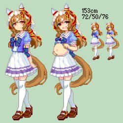 Rule 34 | 1girl, animal ears, brown hair, clenched hand, closed mouth, commentary request, full body, hair ornament, horse ears, horse girl, keykey117117, looking at viewer, open mouth, pixel art, school uniform, shaded face, simple background, smile, solo, standing, still in love (umamusume), thighhighs, tracen school uniform, umamusume, veil