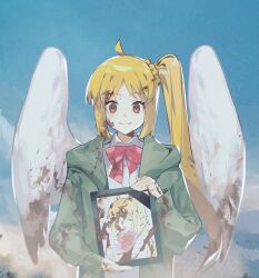 Rule 34 | 1girl, angel wings, blood, blood on face, blue sky, bocchi the rock!, closed mouth, fog, highres, holding, holding drawing, ijichi nijika, jacket, long hair, looking at viewer, ponytail, red eyes, red ribbon, ribbon, school uniform, shirt, sky, smile, solo, wings, yasumigohan
