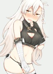 Rule 34 | 1girl, ahoge, arm strap, bad id, bad pixiv id, bandages, bandaged arm, bandages, bare shoulders, black panties, blush, braid, breasts, brown eyes, cleavage, cleavage cutout, clothing cutout, cosplay, covering privates, covering crotch, cowboy shot, crop top, embarrassed, fate/apocrypha, fate/grand order, fate (series), fingerless gloves, gloves, groin, hair between eyes, halterneck, hand to own mouth, jack the ripper (fate/apocrypha), jack the ripper (fate/apocrypha) (cosplay), jirou (tamaho39), long hair, looking away, lowleg, lowleg panties, midriff, navel, olga marie animusphere, open mouth, panties, single glove, solo, thighhighs, underwear, white hair, yellow eyes