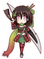 Rule 34 | 1girl, :o, arm at side, arm up, arm warmers, armor, bad id, bad pixiv id, blush, brown hair, chestnut mouth, chibi, crop top, expressionless, flower knight girl, full body, gradient scarf, green ribbon, green skirt, hair between eyes, hair ornament, hair ribbon, hair stick, holding, holding sword, holding weapon, japanese armor, japanese clothes, kusazuri, leaf hair ornament, looking at viewer, momiji (flower knight girl), multicolored clothes, multicolored scarf, pink eyes, pleated skirt, ribbon, sandals, scarf, shin guards, short hair, shoulder armor, skirt, sleeveless, sode, solo, standing, strapless, sword, triangle mouth, tube top, vambraces, weapon, white background, wil (lion)