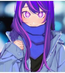 Rule 34 | 1girl, asymmetrical bangs, blue scarf, blurry, blurry background, blush, closed mouth, commentary, english commentary, facing viewer, highres, hoshino ai (oshi no ko), light smile, long hair, looking at viewer, maplekeurig, multicolored hair, oshi no ko, purple eyes, purple hair, scarf, solo, star-shaped pupils, star (symbol), star in eye, straight-on, straight hair, streaked hair, symbol-shaped pupils, symbol in eye, upper body, winter clothes