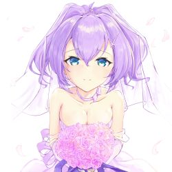 Rule 34 | 1girl, azur lane, bare shoulders, blue eyes, bouquet, breasts, bridal veil, choker, cleavage, collarbone, commentary request, dress, elbow gloves, flower, gloves, hair between eyes, hair ornament, hairclip, highres, holding, holding bouquet, javelin (azur lane), javelin (blissful june bride) (azur lane), javelin (blissful purity) (azur lane), long hair, looking at viewer, ponytail, purple flower, purple hair, purple rose, rose, sidelocks, simple background, smile, solo, strapless, strapless dress, umiya mizuki, veil, wedding dress, white background, white dress, white gloves