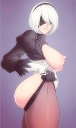 Rule 34 | 1girl, 2b (nier:automata), adjusting clothes, adjusting legwear, ass, ass support, black blindfold, blindfold, breasts, facing viewer, from side, gloves, glowing, highres, huge ass, juliet sleeves, large breasts, leotard, long sleeves, lunasanguinis, mole, mole under mouth, nier:automata, nier (series), parted lips, puffy sleeves, solo, teasing, teeth, thighhighs, thighs, tight clothes, white gloves, white hair, white leotard