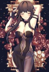 Rule 34 | 1girl, absurdres, anny (yoai), arm up, armlet, armpits, arms behind head, black dress, black gloves, black hair, breasts, choker, cleavage, closed mouth, covered navel, dress, closed eyes, fingerless gloves, flower, gloves, highres, light blush, long hair, red flower, red rose, rose, sidelocks, smile, solo, spy x family, thighlet, yor briar