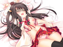 Rule 34 | 1girl, arms up, bdsm, black hair, black thighhighs, blindfold, blush, bondage, bound, bound arms, bow, bra, breasts, clothes lift, cocoa (cafe-hotcocoa), front-hook bra, hair bow, hair ornament, hairclip, lingerie, long hair, lying, nagatsuki mizore (endyy), navel, nipples, on back, open bra, open clothes, open mouth, open shirt, open skirt, original, panties, pantyshot, pink panties, plaid, plaid skirt, shirt, skirt, skirt lift, solo, thigh gap, thighhighs, thighs, underwear, open bra, unzipped, upskirt