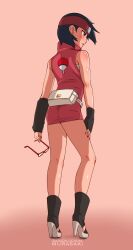 Rule 34 | 1girl, absurdres, artist name, ass, back, bare legs, bare shoulders, black hair, boruto: naruto next generations, character name, dress, forehead protector, from behind, glasses, gloves, hairband, hand on own thigh, headband, high heels, highres, holding, holding removed eyewear, kneepits, looking to the side, microdress, murasaki akiyama, nail polish, naruto (series), off shoulder, photo-referenced, red dress, red hairband, red nails, sharingan, short dress, short hair, simple background, sleeveless, sleeveless dress, solo, thighs, tight clothes, tight dress, uchiha sarada, unworn eyewear, wind