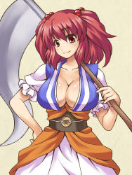 Rule 34 | 1girl, breasts, cleavage, female focus, large breasts, nemou, onozuka komachi, pink eyes, pink hair, revision, scythe, solo, touhou
