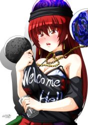 Rule 34 | 1girl, bare shoulders, black shirt, blush, bra, breasts, chain, cleavage, clothes writing, collar, commentary request, earrings, earth (ornament), hecatia lapislazuli, jewelry, large breasts, long hair, looking at viewer, moon (ornament), multicolored clothes, multicolored skirt, red eyes, red hair, shirt, simple background, skirt, solo, strap slip, t-shirt, tatsuya (guild plus), touhou, underwear, upper body, white background, white bra