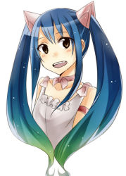 Rule 34 | 1girl, :d, alternate hair color, blue hair, bracelet, brown eyes, choker, cropped torso, fairy tail, gradient hair, green hair, hair between eyes, hair ornament, jewelry, long hair, looking at viewer, mady (madine08260), multicolored hair, open mouth, pink ribbon, ribbon, ribbon choker, shirt, sleeveless, sleeveless shirt, smile, solo, twintails, two-tone hair, very long hair, wendy marvell, white shirt