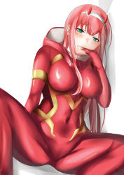 Rule 34 | 1girl, breasts, camisole, cleavage, darling in the franxx, groin, hair between eyes, highres, horns, large breasts, long hair, looking at viewer, navel, out-of-frame censoring, pink hair, simple background, sleeveless, solo, stomach, straight hair, tongue, tongue out, underwear, underwear only, very long hair, white background, zero two (darling in the franxx)