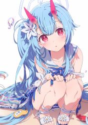 Rule 34 | 1girl, absurdres, animal, ass, beach, bikini, blue archive, blue hair, blue halo, blush, chise (blue archive), chise (swimsuit) (blue archive), crab, flower, hair flower, hair ornament, halo, highres, horns, long hair, looking at viewer, official alternate costume, ogipote, oni horns, parted lips, ponytail, red eyes, red horns, sailor collar, sandals, solo, squatting, striped bikini, striped clothes, swimsuit, water drop, white flower, white sailor collar