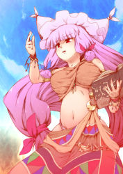 Rule 34 | 1girl, alternate costume, book, bracelet, breasts, crescent, female focus, from below, futatsuki hisame, hair ribbon, hat, jewelry, long hair, midriff, navel, patchouli knowledge, purple hair, red eyes, ribbon, skirt, solo, touhou, tribal