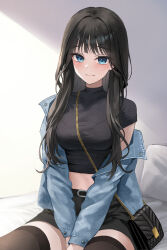 Rule 34 | 1girl, absurdres, bag, belt, between legs, black hair, black shirt, black skirt, blue eyes, blue jacket, breasts, brown thighhighs, closed mouth, convenient censoring, crop top, denim, denim jacket, hand between legs, highres, jacket, long hair, long sleeves, looking at viewer, medium breasts, midriff, miniskirt, off shoulder, open clothes, open jacket, original, shirt, short sleeves, shoulder bag, sitting, skirt, smile, solo, thighhighs, ttusee5, v arms, zettai ryouiki