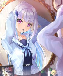 Rule 34 | 1girl, blue cardigan, blue dress, blue hair, blue ribbon, blue sailor collar, braid, cardigan, closed mouth, collarbone, dated, dress, emobico, floating hair, hair intakes, hair ornament, highres, lize helesta, long hair, long sleeves, looking at viewer, mouth hold, multicolored hair, neck ribbon, nijisanji, open cardigan, open clothes, pink eyes, ponytail, ribbon, sailor collar, silver hair, smile, solo, two-tone hair, tying hair, upper body, very long hair, virtual youtuber