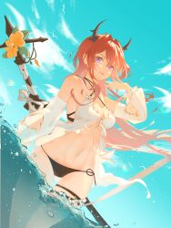 Rule 34 | 1girl, absurdres, arknights, bikini, black bikini, breasts, burnt clothes, cleavage, closed mouth, cloud, cowboy shot, day, demon girl, demon horns, detached sleeves, dutch angle, floating hair, flower, hair between eyes, hand up, highres, horns, leaf, lips, lipstick, long hair, looking at viewer, makeup, medium breasts, mriyak, navel, outdoors, purple eyes, red hair, sky, slit pupils, solo, surtr (arknights), surtr (colorful wonderland) (arknights), swimsuit, swimsuit cover-up, sword, very long hair, wading, water, weapon, weapon on back, white sleeves, yellow flower