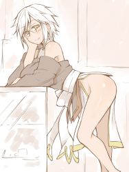 Rule 34 | 1girl, arm support, bare legs, bare shoulders, bent over, breast rest, breasts, head rest, echigo (shiro maru), from side, glasses, large breasts, no panties, original, pelvic curtain, shiro maru, short hair, side slit, solo, white hair, yellow eyes