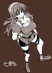 Rule 34 | 10s, 1girl, ashigara (kancolle), boots, breasts, hairband, hand on own hip, kantai collection, large breasts, long hair, looking at viewer, monochrome, pantyhose, sidelocks, skirt, solo, uran (uran-factory)