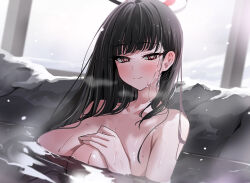 Rule 34 | 1girl, absurdres, black hair, blue archive, blush, breasts, cleavage, completely nude, halo, hand on own chest, highres, huge breasts, looking at viewer, nude, onsen, partially submerged, red eyes, refraction, rio (blue archive), rock, smile, snow, snowing, solo, steam, straight hair, yuki (asayuki101)
