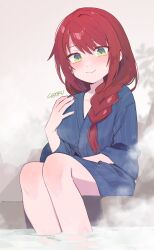 Rule 34 | 1girl, 48okku, artist name, blue kimono, blush, braid, breasts, closed mouth, collarbone, feet out of frame, green eyes, hair over shoulder, hand up, highres, hino akane (vtuber), indie virtual youtuber, japanese clothes, kimono, long hair, long sleeves, looking at viewer, onsen, red hair, single braid, sitting, smile, soaking feet, solo, steam, virtual youtuber, white kimono