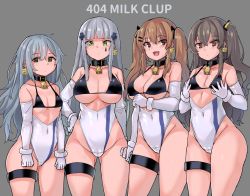 Rule 34 | 404 (girls&#039; frontline), 4girls, bdsm, bell, bikini, bikini top only, black bikini, blunt bangs, blush, breasts, brown eyes, brown hair, cameltoe, cleavage, collar, collarbone, covered navel, cowbell, cowboy shot, detached sleeves, ear tag, elbow gloves, english text, engrish text, g11 (girls&#039; frontline), girls&#039; frontline, gloves, grabbing own breast, green eyes, grey background, grey hair, hair ornament, highleg, highleg leotard, hk416 (girls&#039; frontline), justeeeeth, large breasts, leotard, long hair, looking at viewer, md5 mismatch, medium breasts, multiple girls, neck bell, one side up, open mouth, ranguage, red eyes, simple background, slave, small breasts, smile, standing, swimsuit, twintails, ump45 (girls&#039; frontline), ump9 (girls&#039; frontline), underboob