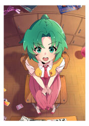 Rule 34 | 1girl, akkai (0343), ball, card, chair, classroom, desk, dirt, dirty, dirty face, from above, green eyes, green hair, highres, higurashi no naku koro ni, indoors, jump rope, long skirt, looking at viewer, magazine (object), necktie, open mouth, paint splatter, paint splatter on face, playing card, pleated skirt, ponytail, red necktie, red skirt, school, school desk, shoes, short sleeves, sitting, skirt, smile, solo, sonozaki mion, teeth, upper teeth only, uwabaki, vest, wooden floor, yellow vest