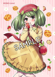Rule 34 | 1girl, apple, apple pie, appletun, applin, artist name, bag, beret, blush, brown shirt, brown skirt, collared shirt, comiket 102, creatures (company), dress shirt, feet out of frame, food, fruit, game freak, gen 8 pokemon, green hair, green ribbon, grey eyes, hair ribbon, hands up, hat, highres, holding, holding food, holding fruit, knees together feet apart, long sleeves, looking at viewer, mono land, nintendo, parted lips, pie, pink background, pokemon, puffy long sleeves, puffy sleeves, red apple, red hat, ribbon, sample watermark, shirt, shoulder bag, skirt, sleeves past wrists, solo, striped background, striped clothes, striped shirt, suspender skirt, suspenders, swept bangs, thick eyebrows, twintails, vertical-striped clothes, vertical-striped shirt, watermark