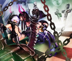 Rule 34 | 10s, 2girls, armpits, black gold saw, black hair, black rock shooter, chain, highres, horns, huge weapon, imminent rape, king saw, long hair, multiple girls, navel, open clothes, panties, panty pull, red eyes, reflection, short hair, shorts, smile, st.microscope, strength (black rock shooter), striped clothes, striped panties, thighhighs, underwear, weapon, white hair, yellow eyes, yuri