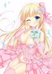 Rule 34 | 1girl, ;q, absurdres, alternate costume, bare shoulders, blonde hair, blue flower, blue rose, blunt bangs, blush, bouquet, bow, breasts, bridal veil, choker, cleavage, closed mouth, commentary request, cowboy shot, detached sleeves, dress, flower, frilled dress, frilled panties, frilled sleeves, frills, garter straps, green eyes, hair bow, hair flower, hair ornament, halterneck, hand on own cheek, hand on own face, hand up, hands up, highres, kin-iro loveriche, large breasts, long hair, looking at viewer, moribe (rabumanyo), no bra, official art, one eye closed, orange flower, orange rose, panties, petals, pink bow, pink choker, pink dress, pink flower, pink panties, pink rose, pink sleeves, pink thighhighs, purple flower, purple rose, rose, rose petals, shiny skin, simple background, sleeveless, sleeveless dress, smile, solo, straight hair, sylvia le cruzcrown sortilege sisua, thighhighs, thighs, tongue, tongue out, underwear, veil, very long hair, white background, yellow flower
