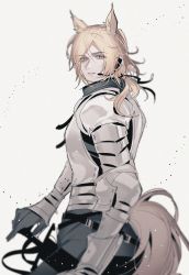 Rule 34 | 1boy, animal ears, arknights, armor, bishounen, blonde hair, cowboy shot, earpiece, from behind, gloves, highres, horse boy, horse ears, horse tail, looking at viewer, looking back, male focus, mlynar (arknights), pienahenggou, ponytail, simple background, solo, sword, tail, weapon, yellow eyes
