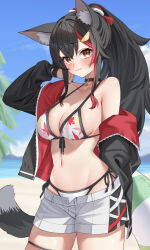 1girl :3 absurdres ai_(u_e_o_o) animal_ear_fluff animal_ears arm_behind_back beach bikini bikini_under_shorts black_collar black_hair black_jacket blue_sky breasts cleavage collar commentary_request crossed_bangs day double-parted_bangs front-tie_bikini_top front-tie_top hair_between_eyes hair_ornament hairclip halterneck hand_up high_ponytail highres hololive jacket knees_out_of_frame large_breasts leaf_print long_hair looking_at_viewer multicolored_hair navel off_shoulder official_alternate_costume official_alternate_hairstyle ookami_mio ookami_mio_(hololive_summer_2019) open_clothes open_fly open_jacket outdoors print_bikini red_hair sidelocks sky solo standing stomach streaked_hair swim_ring swimsuit tail two-sided_fabric two-sided_jacket very_long_hair virtual_youtuber white_bikini wide_ponytail wolf_ears wolf_girl wolf_tail yellow_eyes