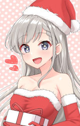 Rule 34 | + +, 1girl, :d, bare shoulders, blush, box, braid, braided bangs, breasts, cleavage, collarbone, commentary request, dress, earrings, elbow gloves, fur-trimmed dress, fur-trimmed gloves, fur-trimmed headwear, fur trim, gift, gift box, gloves, grey eyes, grey hair, heart, highres, hisakawa hayate, holding, holding gift, idolmaster, idolmaster cinderella girls, idolmaster cinderella girls starlight stage, jewelry, long hair, looking at viewer, medium breasts, mitsumine raimu, open mouth, pink background, polka dot, polka dot background, red dress, red gloves, red headwear, santa costume, smile, solo, strapless, strapless dress, upper body