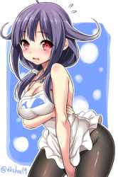 Rule 34 | 10s, 1girl, ahoge, apron, bare shoulders, breasts, cleavage, jewelry, kantai collection, kase daiki, long hair, low twintails, magatama, magatama necklace, naked apron, necklace, open mouth, pantyhose, purple hair, red eyes, solo, taigei (kancolle), twintails
