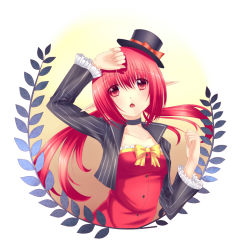 Rule 34 | 00s, 1girl, akabane, choker, collarbone, dungeon and fighter, hat, long hair, looking at viewer, low twintails, mage (dungeon and fighter), open mouth, original, pointy ears, red eyes, red hair, solo, top hat, twintails