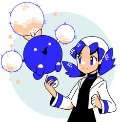 blue_eyes blue_hair creatures_(company) game_freak gen_2_pokemon hanecco_(arumican_orange) holding holding_poke_ball jumpluff kris_(pokemon) looking_at_another looking_up nintendo open_mouth plant poke_ball pokemon pokemon_(creature) pokemon_gsc smile white_eyes