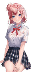 1girl absurdres blue_eyes blush closed_mouth collared_shirt hair_bun highres incredibly_absurdres invisible_chair kokoa_(user_zrrr5457) looking_at_viewer neck_ribbon orange_hair plaid_clothes plaid_skirt red_ribbon ribbon school_uniform shirt short_hair short_sleeves simple_background single_hair_bun single_side_bun sitting skirt sobu_high_school_uniform solo summer_uniform wet wet_clothes wet_shirt white_background white_shirt yahari_ore_no_seishun_lovecome_wa_machigatteiru. yuigahama_yui