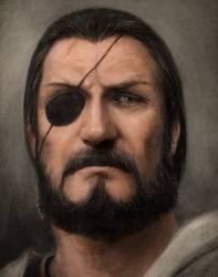Rule 34 | 1boy, bad id, bad pixiv id, beard, black hair, close-up, eye focus, eyepatch, facial hair, gradient background, historie, male focus, manly, philip ii of macedon (historie), portrait, realistic, short hair, solo, tkjuly