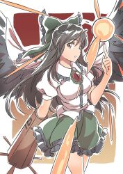 Rule 34 | 1girl, arm behind back, arm cannon, black bow, black hair, black skirt, black wings, border, bow, breasts, cape, collared shirt, cowboy shot, energy ball, feathered wings, frilled bow, frilled shirt, frilled skirt, frills, gradient background, green bow, green skirt, gyouza (mhea5724), hair between eyes, hair bow, hand up, highres, index finger raised, long hair, looking at viewer, medium breasts, multicolored bow, multicolored clothes, multicolored skirt, open mouth, orange eyes, outline, outside border, profile, puffy short sleeves, puffy sleeves, red background, reiuji utsuho, shirt, short sleeves, simple background, skirt, solo, standing, straight hair, subterranean animism, swept bangs, third eye, touhou, very long hair, weapon, white border, white cape, white outline, white shirt, wings, yellow background