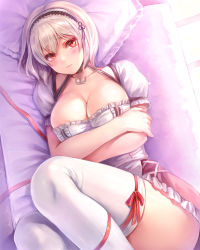 Rule 34 | 1girl, absurdres, azur lane, breasts, cleavage, closed mouth, commentary request, hairband, highres, himamo, lace-trimmed hairband, lace trim, large breasts, looking at viewer, lying, on back, pillow, puffy short sleeves, puffy sleeves, red eyes, red ribbon, ribbon, short sleeves, sirius (azur lane), solo, thighhighs, thighs, white hair, white thighhighs