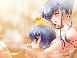 Rule 34 | 00s, 1boy, 1girl, bath, between breasts, blue hair, blush, breast pillow, breasts, brother and sister, bubble, carnelian, closed eyes, completely nude, couple, game cg, grabbing, grabbing another&#039;s breast, hetero, hug, kamiazuma touka, kawakabe momoka, large breasts, long hair, mixed-sex bathing, nipples, nude, red eyes, rubber duck, shared bathing, siblings, smile, steam, touka gettan, water, wet