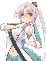 Rule 34 | 1girl, ahoge, akitsushima (kancolle), armpit peek, commentary request, cowboy shot, earrings, gloves, green skirt, hair ornament, hair ribbon, hat, highres, jewelry, kantai collection, long hair, looking at viewer, military, military uniform, mini hat, navel, one-hour drawing challenge, pleated skirt, purple eyes, purple hair, ribbon, side ponytail, sidelocks, simple background, skirt, solo, takase muh, twitter username, uniform, white background, white gloves