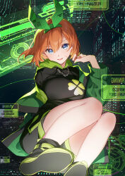 Rule 34 | 1girl, alternate costume, bare legs, bison cangshu, black footwear, black shirt, black shorts, blue eyes, boots, breasts, clover print, colored eyelashes, commentary, curvy, double-parted bangs, eyelashes, floating hair, foot out of frame, foreshortening, go-toubun no hanayome, green jacket, green nails, green ribbon, green theme, hair between eyes, hair ribbon, hand up, highres, jacket, knees up, large breasts, legs, looking at viewer, medium hair, nail polish, nakano yotsuba, open clothes, open jacket, open mouth, orange hair, ribbon, shirt, shoe soles, shorts, sign, smile, solo, v-shaped eyebrows, warning sign