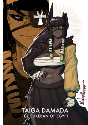 Rule 34 | 1girl, abs, bandaged hand, bandages, black hair, black horns, black sclera, blunt bangs, breasts, broken horn, budget sarashi, character name, chest sarashi, cleavage, clenched hand, colored sclera, colored skin, commentary, cropped hoodie, delinquent, edie crop hoodie, egyptian, english commentary, english text, eyepatch, frown, grey skin, hair ribbon, hair tubes, hand on own hip, highres, hood, hood down, hoodie, horizontal pupils, horns, joseph virtuoso, large breasts, long hair, long skirt, meme attire, midriff, notched ear, one-eyed, original, ribbon, sarashi, scar, sidelocks, skirt, solo, sukeban, taiga damada (joseph virtuoso), torn clothes, torn skirt, underboob, yellow eyes