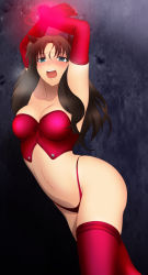 Rule 34 | 1girl, absurdres, arms up, ass, black hair, blush, breasts, cleavage, cowboy shot, embarrassed, fate/stay night, fate (series), green eyes, hair ribbon, highres, large breasts, legs, lingerie, long hair, looking at viewer, magic, navel, open mouth, restrained, ribbon, solo, standing, thighhighs, thighs, thong, tohsaka rin, twintails, underwear, yadokari genpachirou