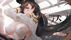Rule 34 | 1girl, animal ears, arms up, asymmetrical bangs, atago (azur lane), azur lane, blurry, breasts, brown hair, character name, cleavage, commentary request, copyright name, covered erect nipples, depth of field, hair between eyes, highres, huge breasts, indoors, jacket, long hair, one-piece swimsuit, open clothes, open jacket, parted lips, sky of morika, solo, swimsuit, upper body, very long hair, wallpaper, white one-piece swimsuit, yellow eyes