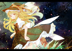 Rule 34 | 1girl, alitou, alternate hairstyle, bad id, bad pixiv id, black dress, blonde hair, bow, braid, cloud, dress, female focus, full moon, grass, hair ribbon, hat, hat ribbon, kirisame marisa, letterboxed, long hair, moon, night, open mouth, ribbon, smile, solo, star (sky), touhou, twin braids, witch, witch hat, yellow eyes