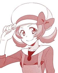 Rule 34 | 1girl, bow, cabbie hat, creatures (company), game freak, hand on headwear, hat, hat bow, kaori kazuma, looking at viewer, lyra (pokemon), nintendo, overalls, pokemon, pokemon hgss, sepia, simple background, smile, solo, split mouth, upper body, white background